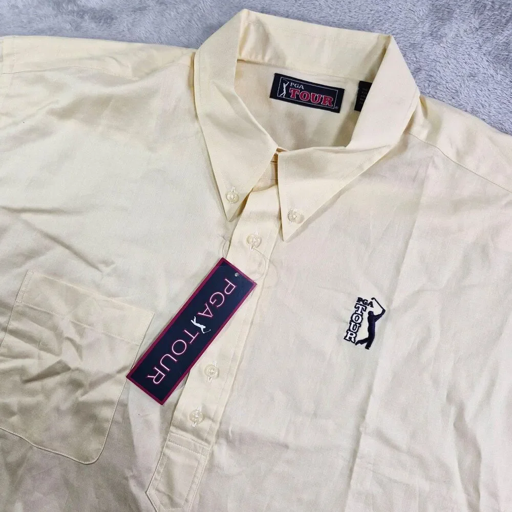 PGA Tour Shirt Button Down Mens XL Yellow Golf Cotton Short Sleeve Casual
